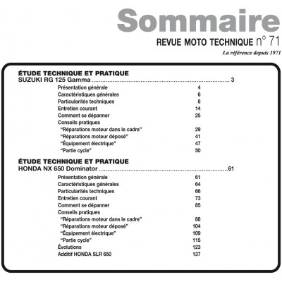 RMT 71 - SUZUKI RG 125 GAMMA (1985 à 1988) - HONDA NX 650 DOMINATOR et SLR 650 (1987 à 1998)