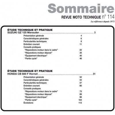 RMT 114 - HONDA CB 600 F Hornet (1998 à 2002) - SUZUKI GZ 125 Marauder (1998 et 1999)