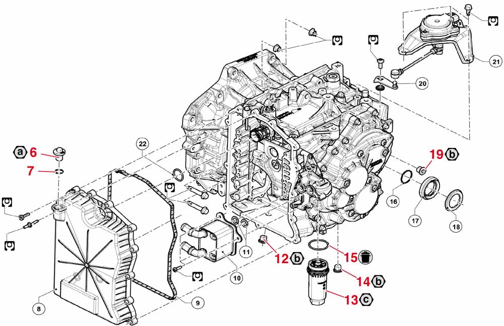 Éclaté de pièces de l'extérieur d'une boîte de vitesses à double embrayage